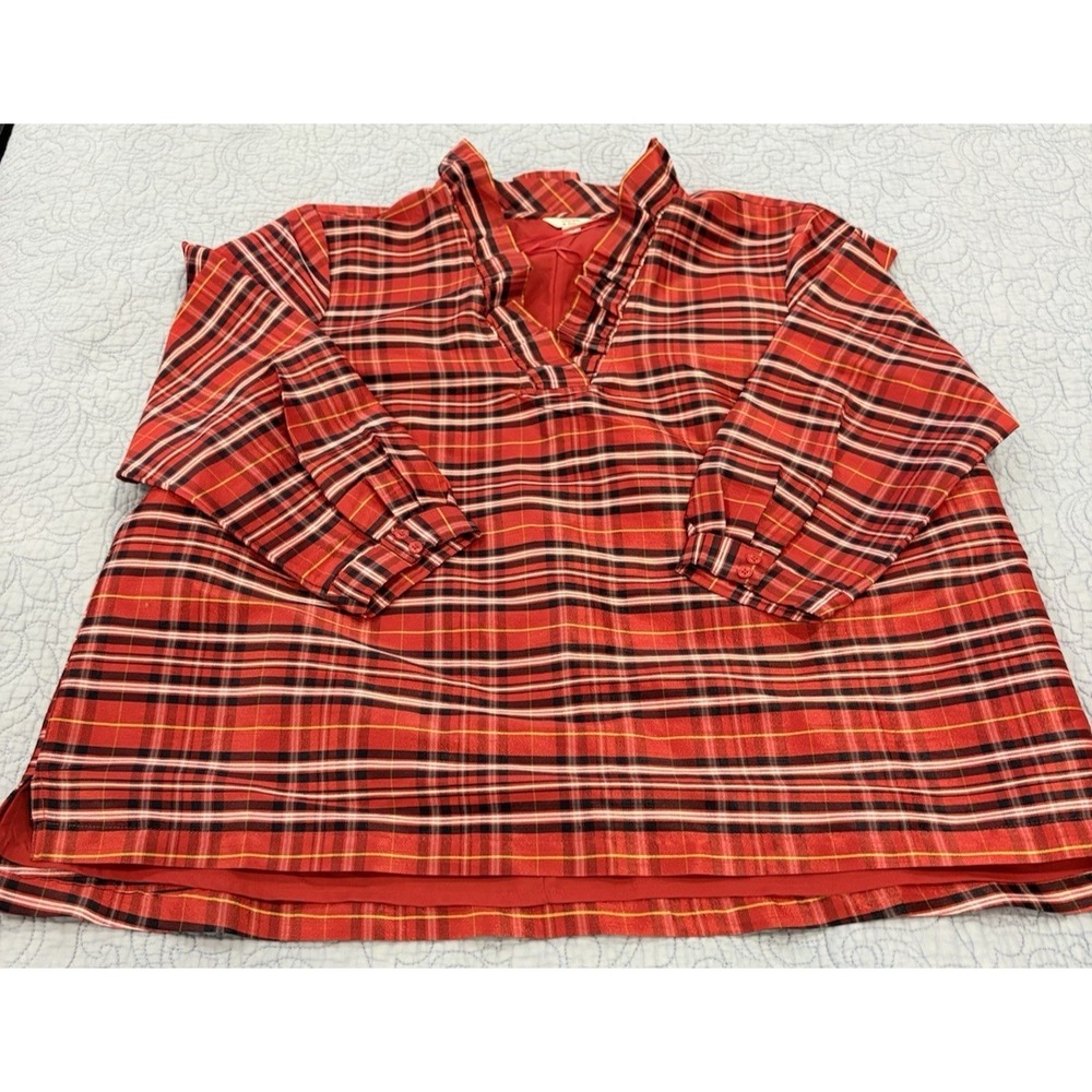 Crown & Ivy Womens Blouse Size XXL Red Plaid Ruffle Neck Lined Party Evening
